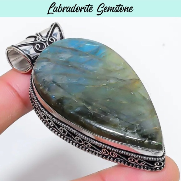2 Tone Glowing Labradorite Gemstone Huge Handmade Pendant Necklace - Picture 2 of 7